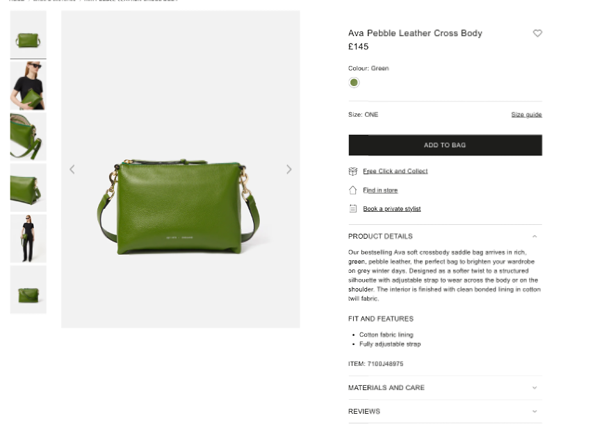 shows a green bag and description on the Jigsaw website