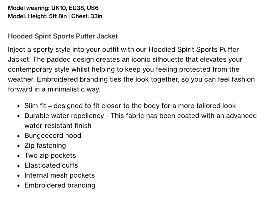 shows a product description of a jacket on the Superdry website
