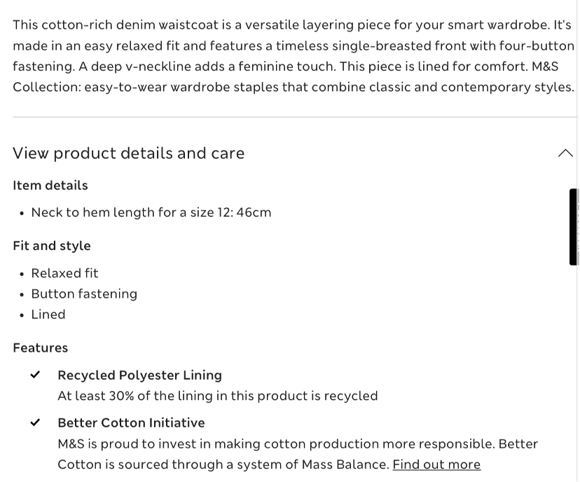 shows a product description of a waistcoat on the M&S website - clothing store description examples