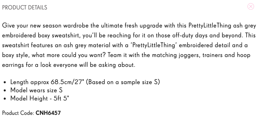 shows a product description of a sweatshirt on the PrettyLittleThing website