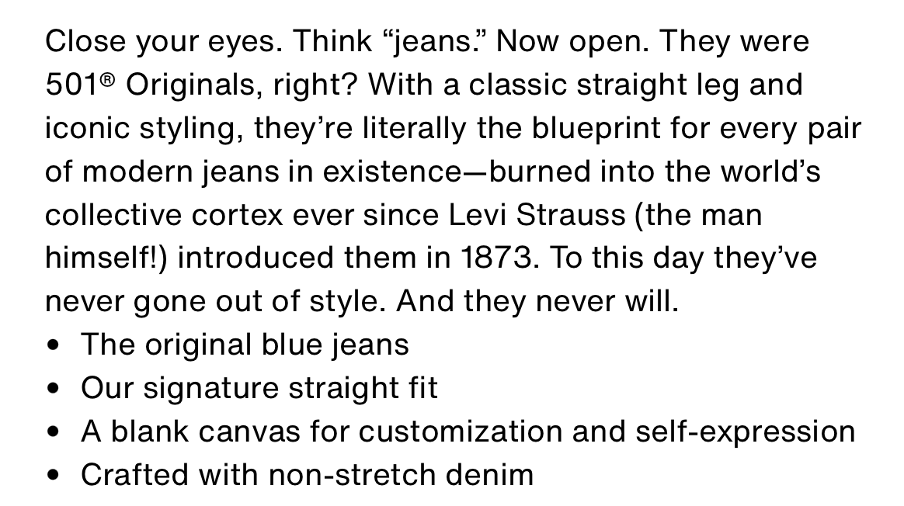 shows a product description of a pair of jeans on the Levi's website 