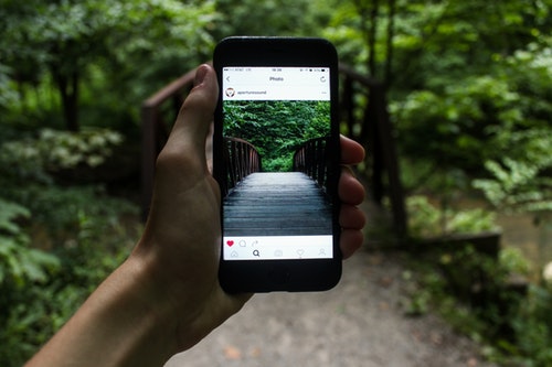 travel content - shows someone holding a phone in a park