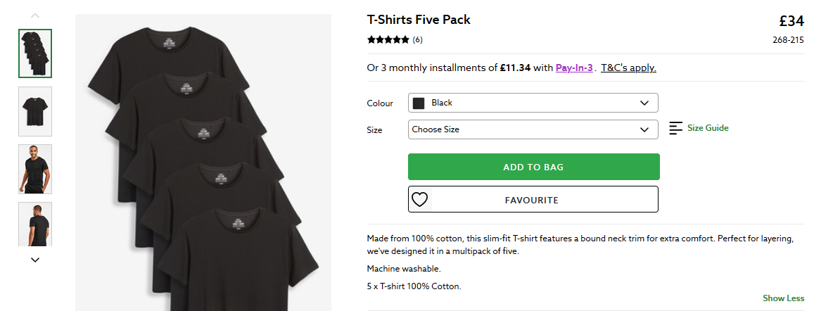 Shows a fashion website product page