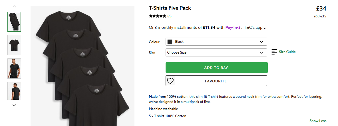 Shows a 5-pack of black t-shirts on a website