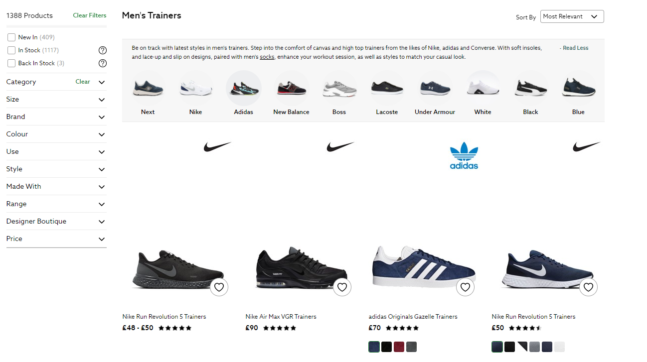 Website category page SEO - Shows shoe retailer screenshot