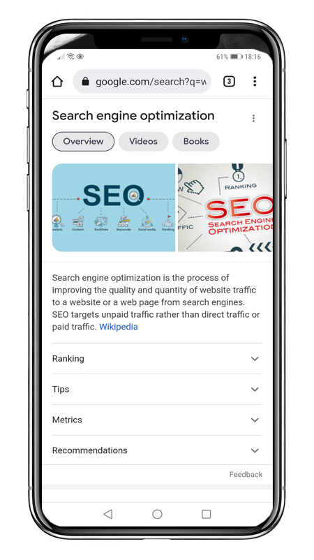 Expert web SEO service - Shows a mobile phone screenshot