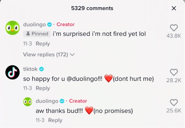 Duolingo conversation on social media - tone of voice examples