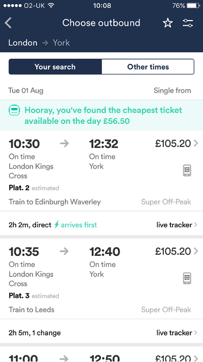 Screenshot from the Trainline app