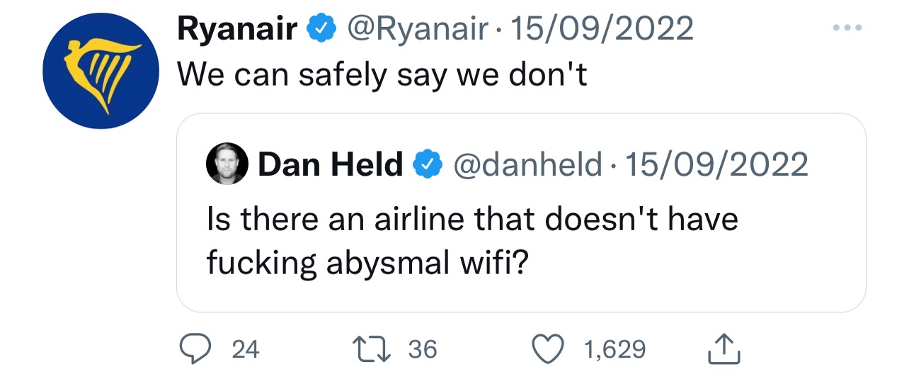 Humorous writing example - Ryanair on Twitter