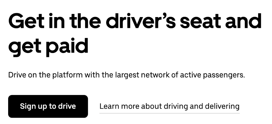 Screenshot from the Uber website - How to write a call to action