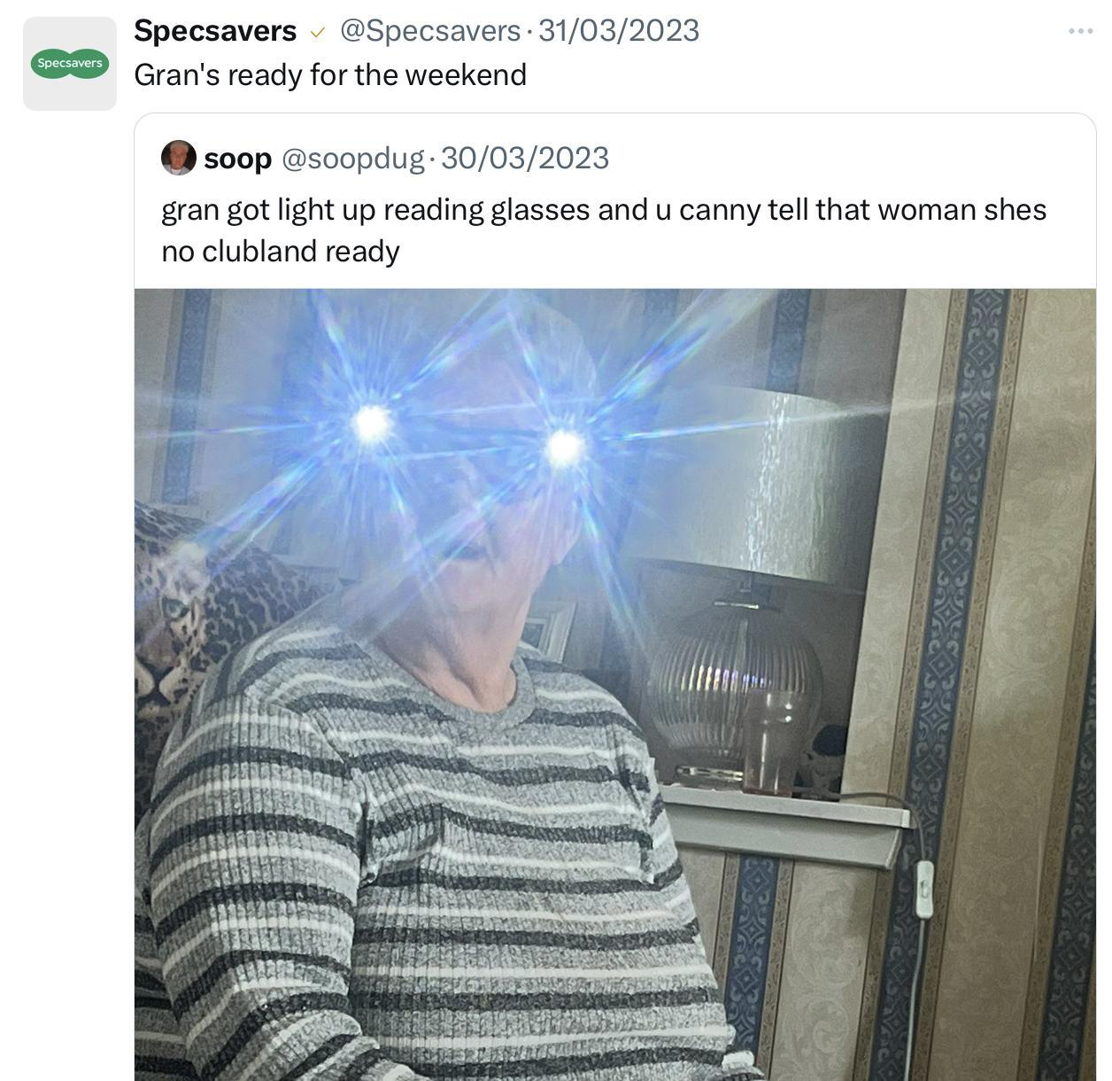 Shows a funny Tweet from Specsavers