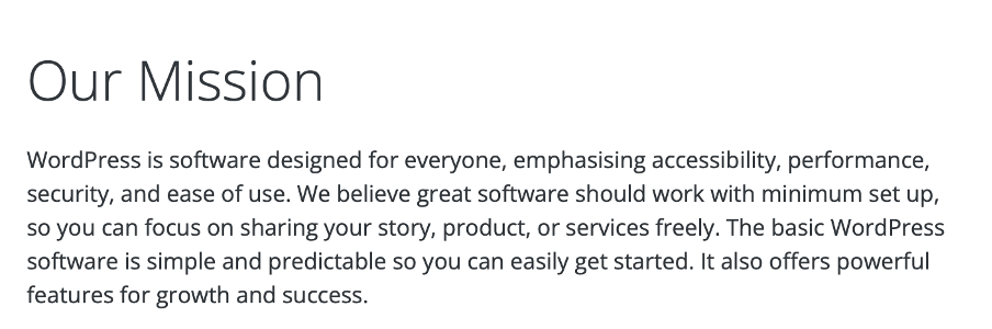 B2B Copywriting examples - Shows a mission statement from WordPress