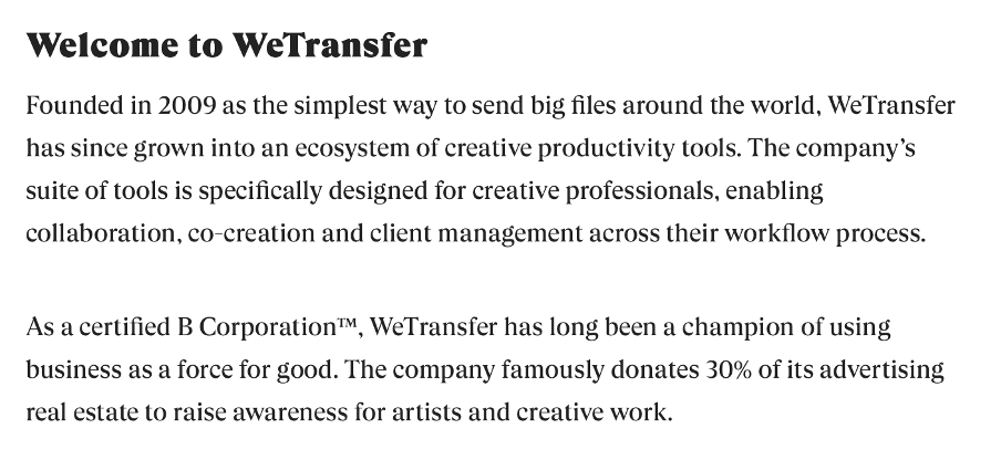 Screenshot from the WeTransfer brand about us page