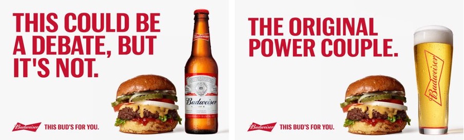 shows a billboard of two burgers and beers