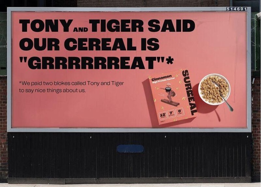 shows a pink billboard advertising cereal- food description examples