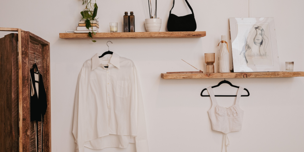 shows an image of wooden floating shelves and ornaments