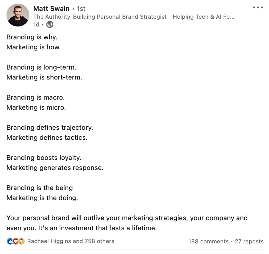 Personal branding examples - Shows a post by Matt Swain