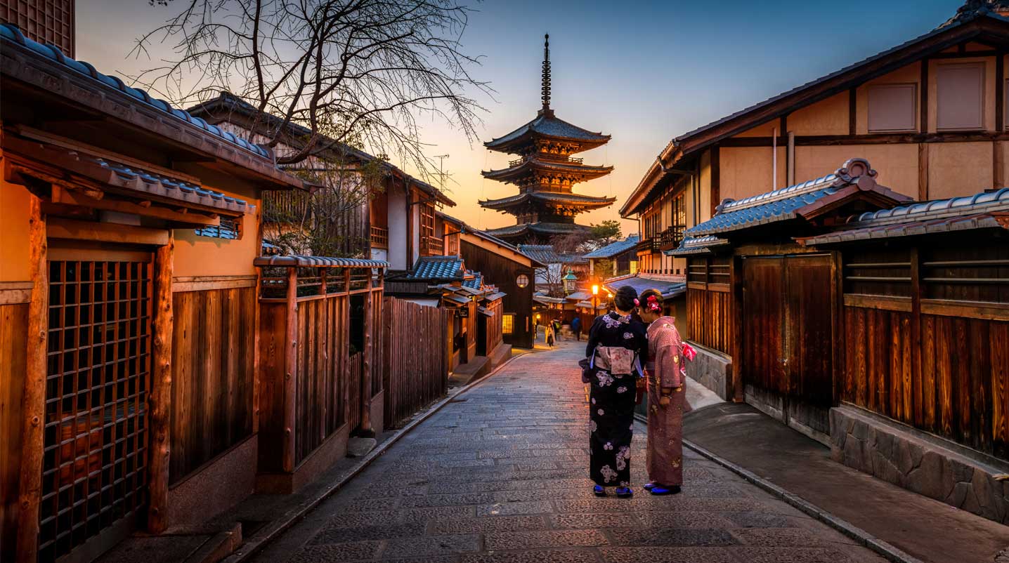 shows an image of two girls dressed in Asian clothing in front of a temple 
