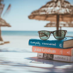 Travel article examples - Shows a stack of books on a beach