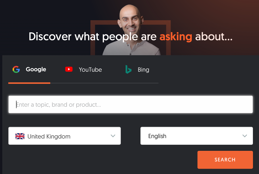 shows a black pop up box from answer the public - content marketing guide