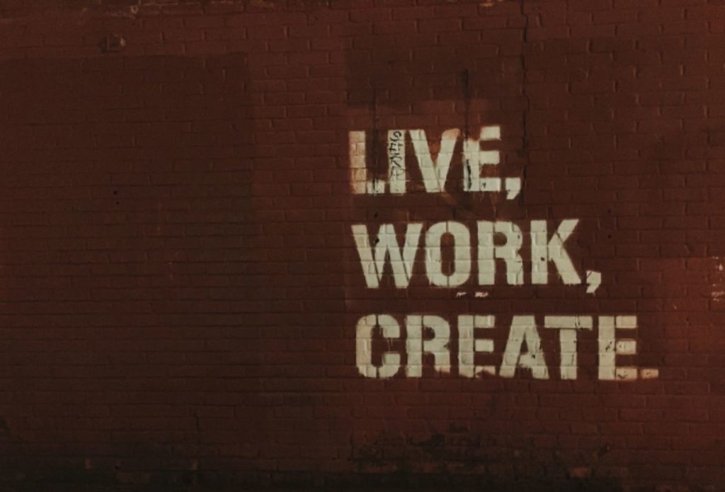 shows the words 'LIVE, WORK, CREATE' on a brown background - web copywriting guide
