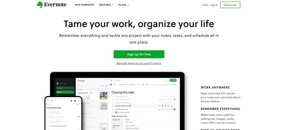 shows Evernote website homepage