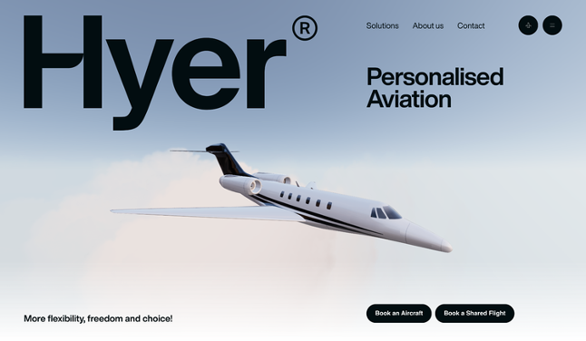 shows a plane on the Hyer homepage 