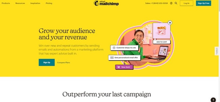 shows copy and text on the Mailchimp homepage