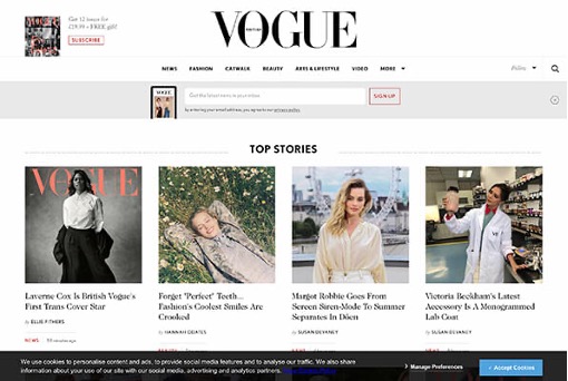 shows a list of stories from Vogue website