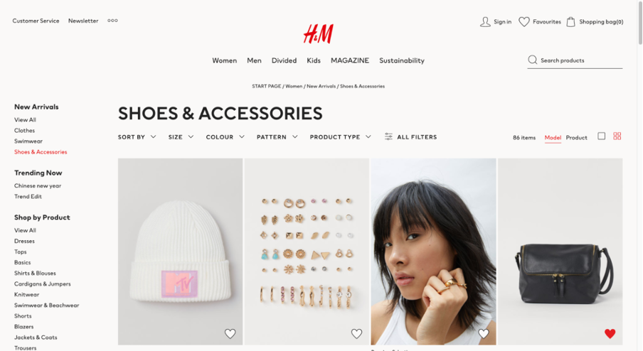 shows a shoes and accessories page on H&M website
