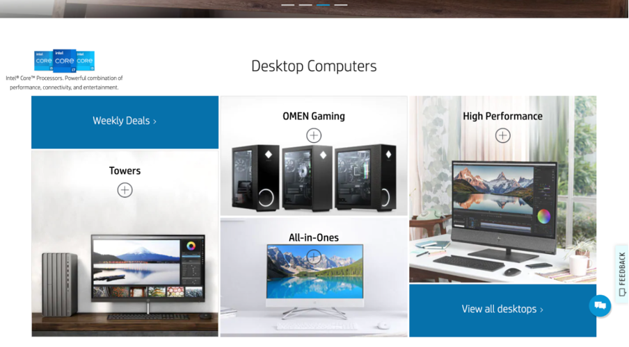 shows a range of different desktop computers on the HP website