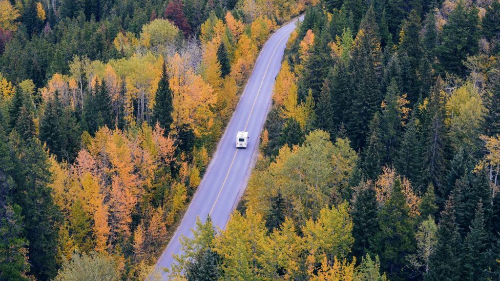 Travel blog post ideas - Shows a motorhome driving through a nature park