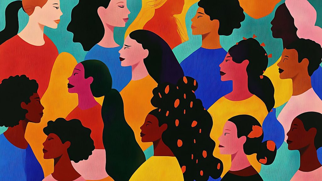 Shows a colourful portrait of women