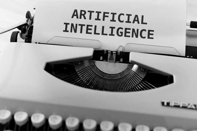 AI content writing service - Shows an old typewriter with 'Artificial Intelligence' printed on the paper