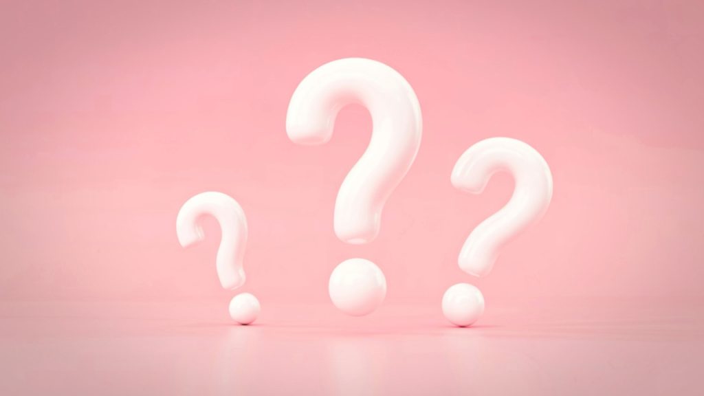 shows three large question marks on a pink background - advertising on Chat GPT 